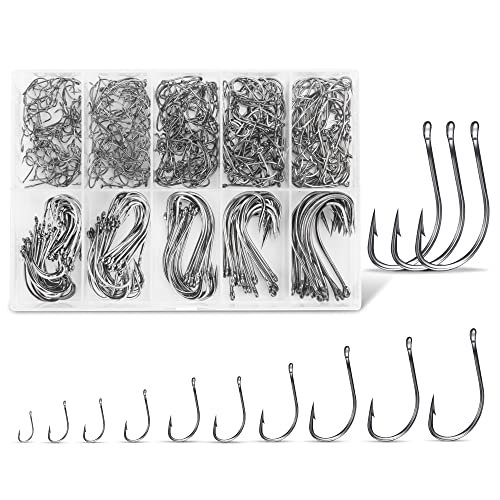 Carbon Steel Fishing Hooks 500 Pcs, Circle Hooks Assortment for Saltwater Freshwater Ice Fishing, Salt Water Fish Hooks for Catfish Trout Bass Octopus Multi Size 6 8 10 12 14 16 18 20 22 24